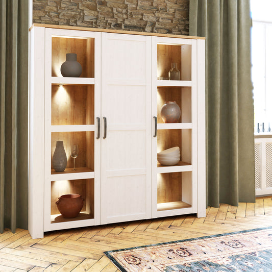 Bohol 3 Door Large Display Cabinet in Riviera Oak/White