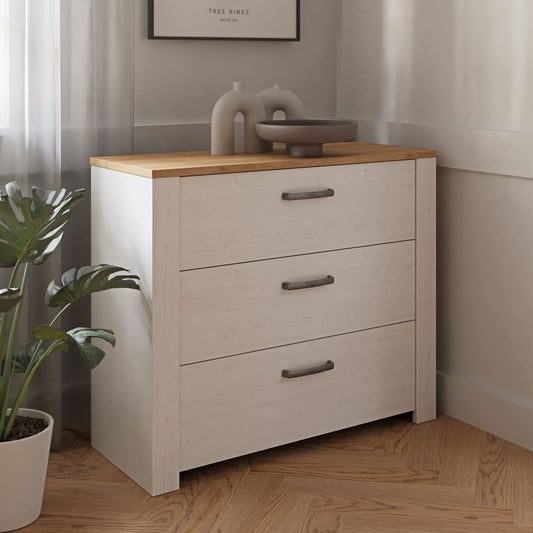 Bohol Chest of 3 Drawers in White/Riviera Oak