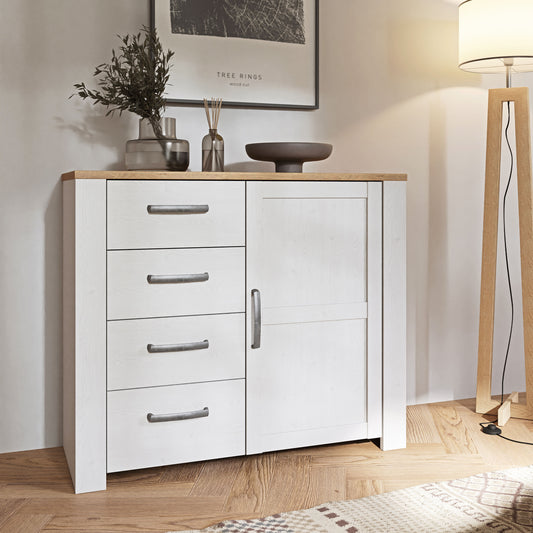 Bohol Chest of 4 Drawers with 1 Door in White/Riviera Oak