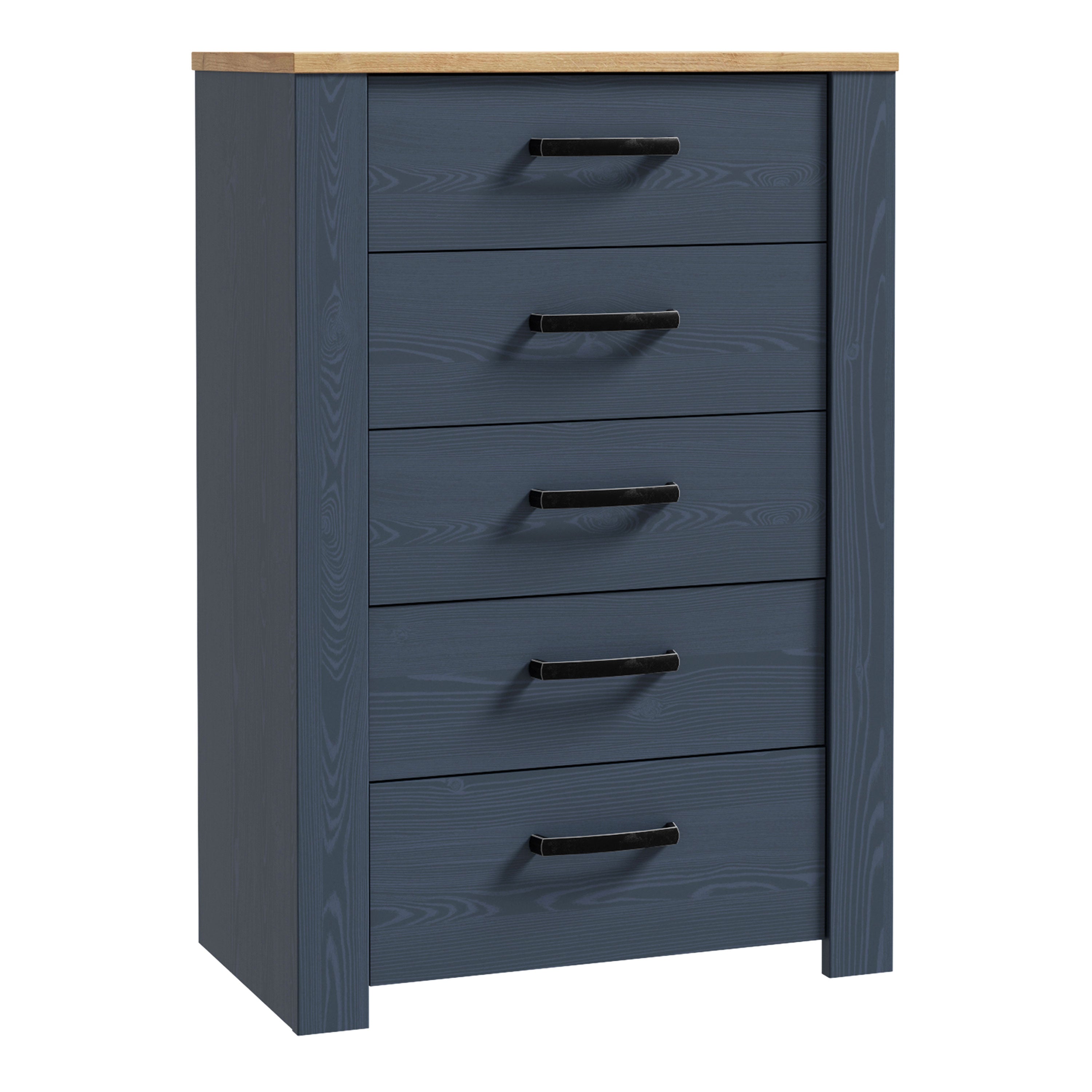 Bohol Narrow Chest of 5 Drawers in Navy/Riviera Oak Bohol Narrow Chest of 5 Drawers in Navy/Riviera Oak