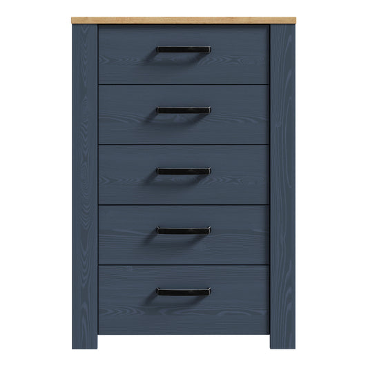 Bohol Narrow Chest of 5 Drawers in Navy/Riviera Oak