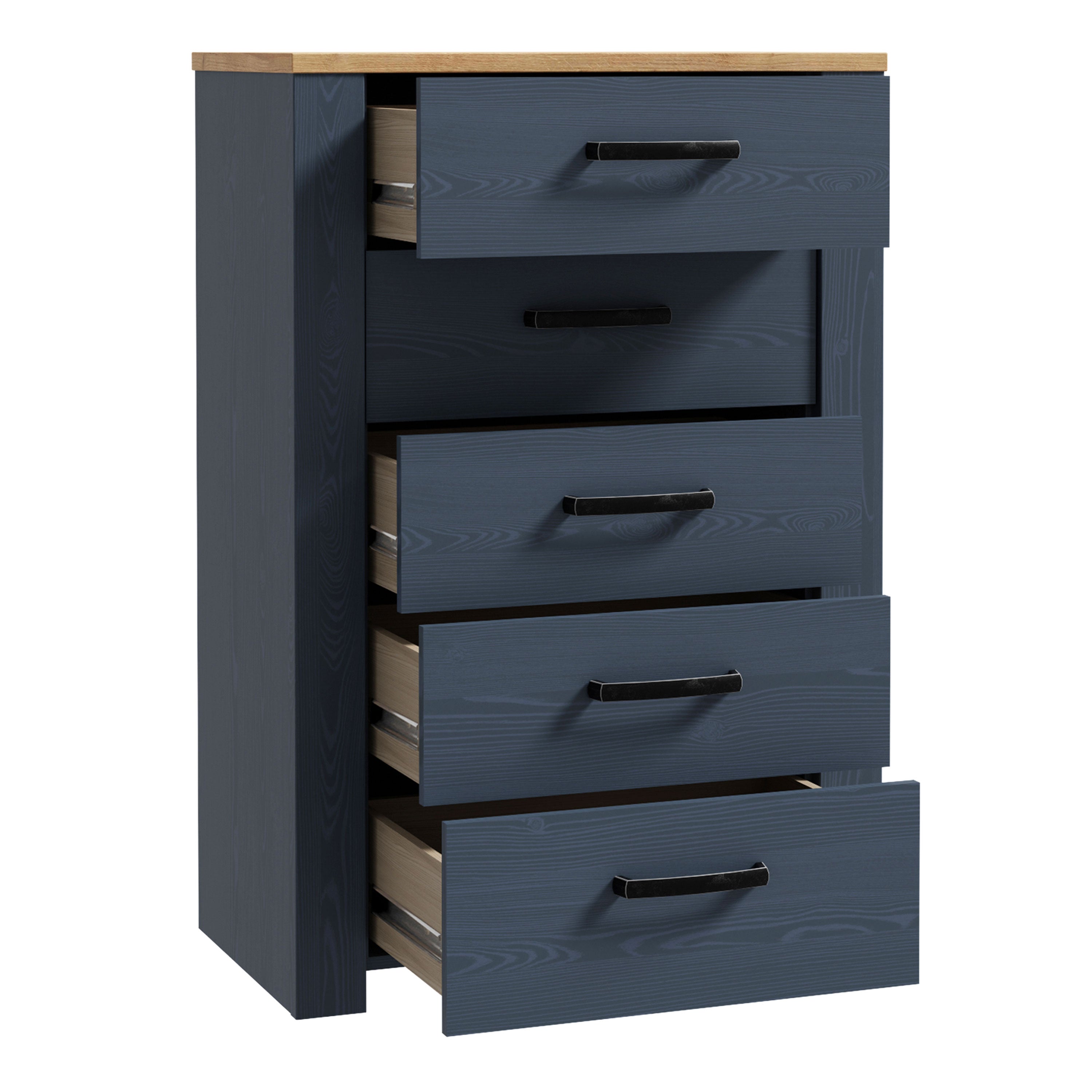 Bohol Narrow Chest of 5 Drawers in Navy/Riviera Oak Bohol Narrow Chest of 5 Drawers in Navy/Riviera Oak