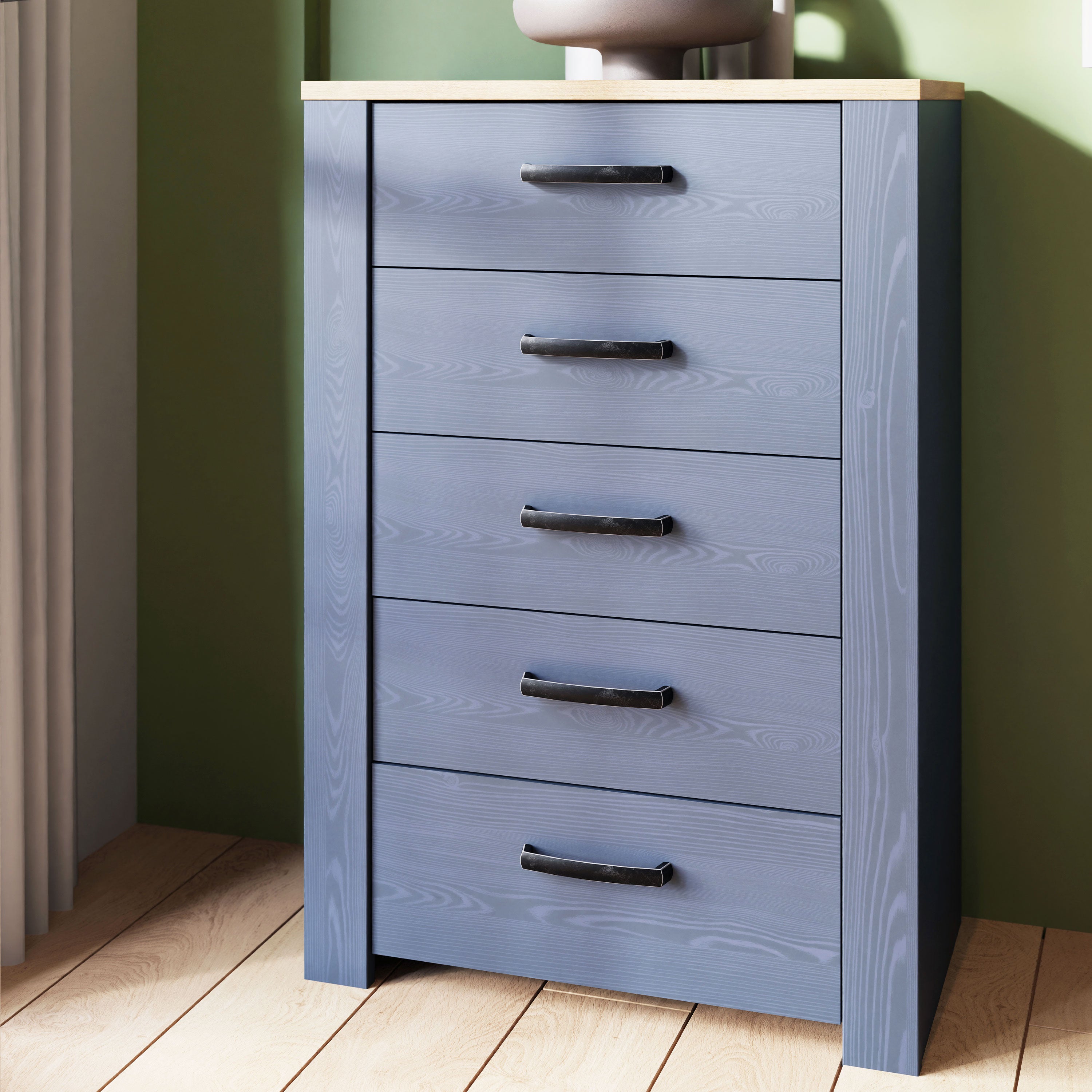 Bohol Narrow Chest of 5 Drawers in Navy/Riviera Oak Bohol Narrow Chest of 5 Drawers in Navy/Riviera Oak