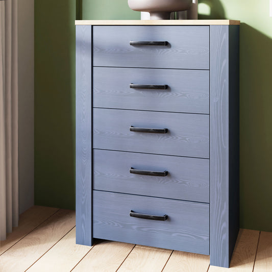 Bohol Narrow Chest of 5 Drawers in Navy/Riviera Oak