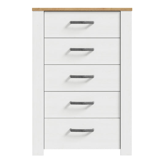 Bohol Narrow Chest of 5 Drawers in White/Riviera Oak