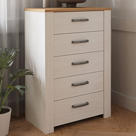 Bohol Narrow Chest of 5 Drawers in White/Riviera Oak
