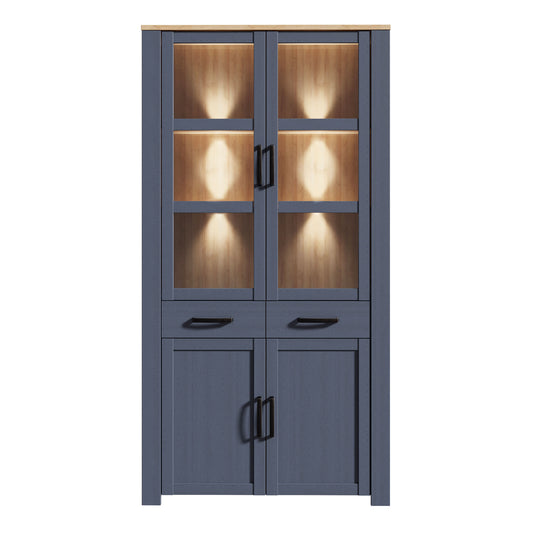 Bohol Display Cabinet 4 Door 2 Drawer in Navy/Riviera Oak inc LED Lighting