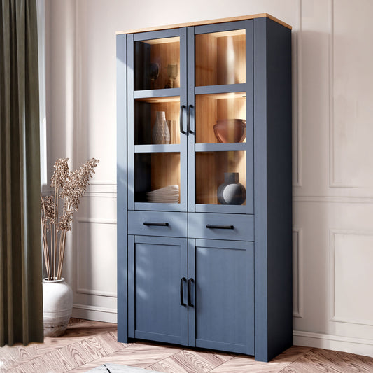 Bohol Display Cabinet 4 Door 2 Drawer in Navy/Riviera Oak inc LED Lighting
