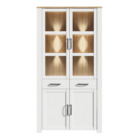 Bohol Display Cabinet 4 Door 2 Drawer in White/Riviera Oak inc LED Lighting