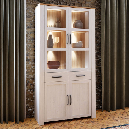 Bohol Display Cabinet 4 Door 2 Drawer in White/Riviera Oak inc LED Lighting