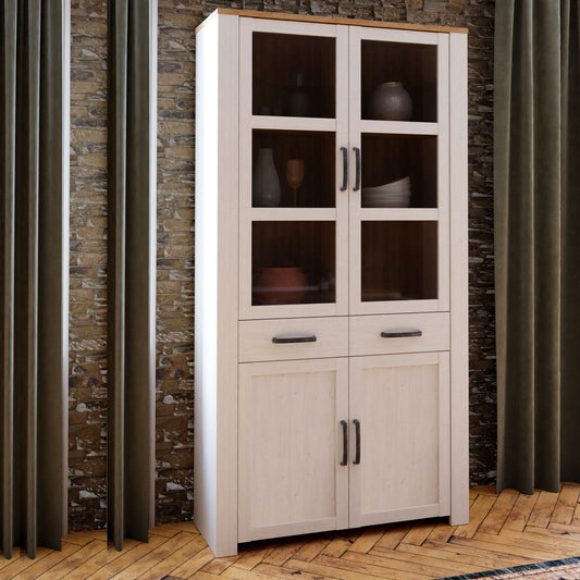 Bohol Display Cabinet 4 Door 2 Drawer in White/Riviera Oak