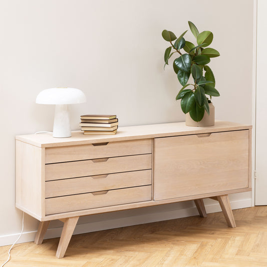 A-Line Sideboard with 4 Drawers and Sliding Door in White Oak