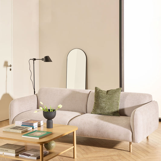 Westham 3 Seater Sofa in Fay Beige 05 Fabric, Base in Matt Oak