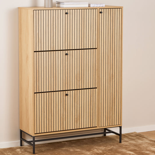 Albany Shoe Cabinet 3 Flip Down Doors 1 Pull Open Door in Oak/Black Legs