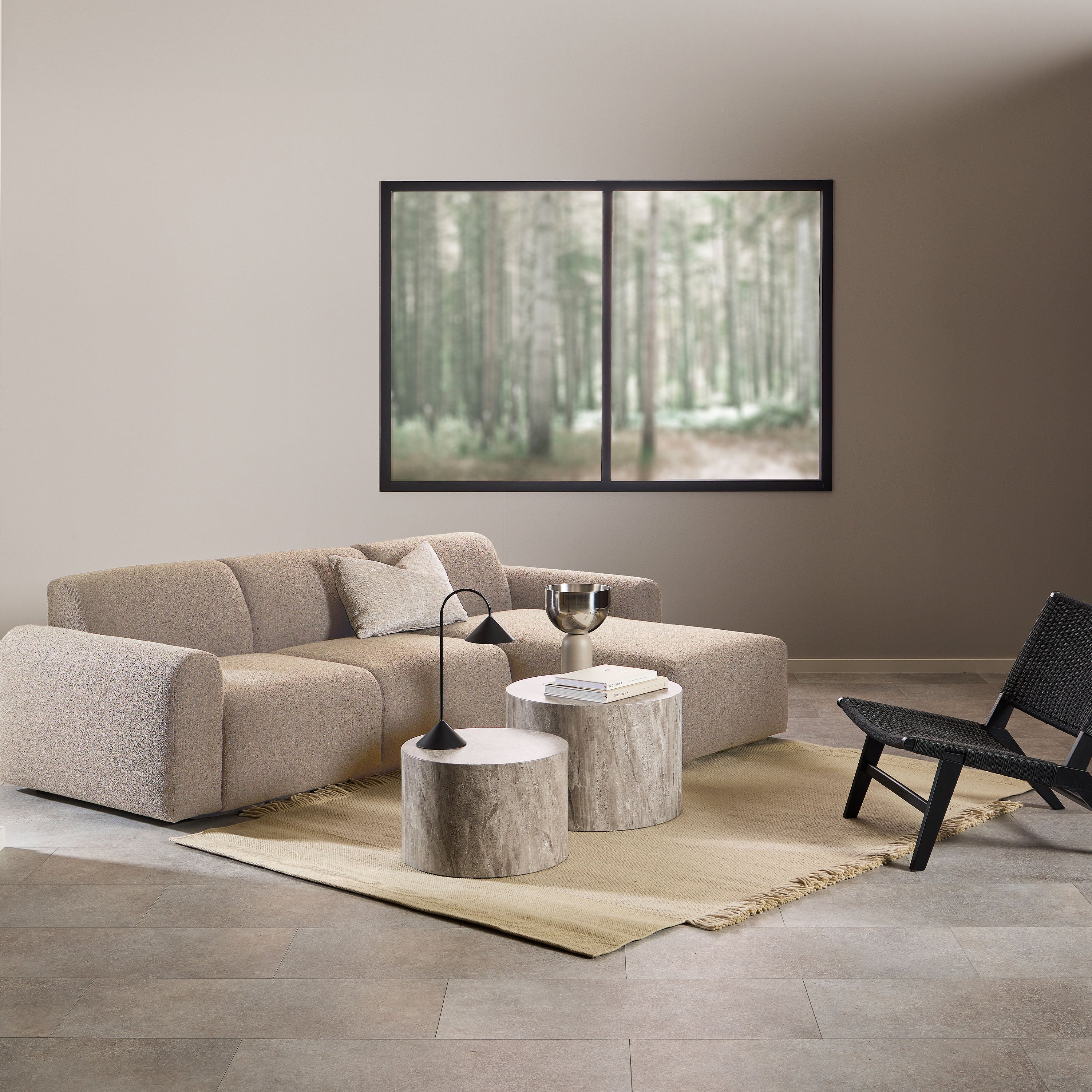Midfield 2 Seater Chaiselongue Sofa RHF (Reversible Module) in Beige Cona Boucle 1 Fabric, Base in Matt Black Midfield 2 Seater Chaiselongue Sofa RHF (Reversible Module) in Beige Cona Boucle 1 Fabric, Base in Matt Black