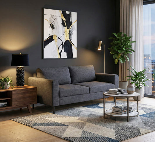 Omaha 2 Seater Sofa in Basel Dark Grey 19 Fabric, Base Matt Black Steel