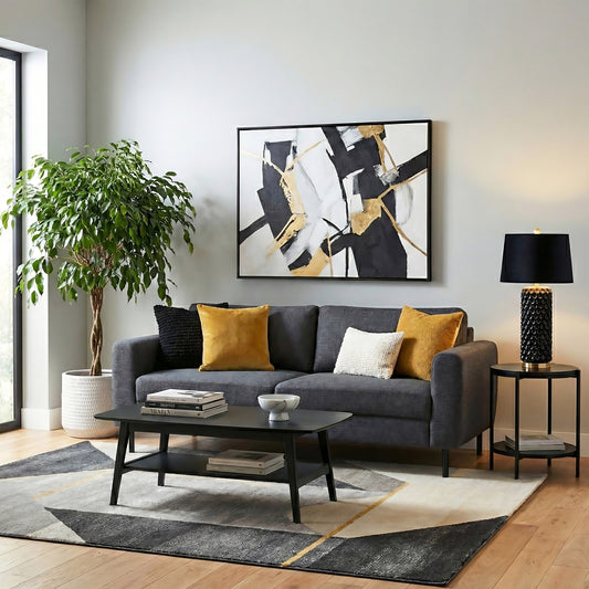 Omaha 3 Seater Sofa in Basel Dark Grey 19 Fabric, Base Matt Black Steel