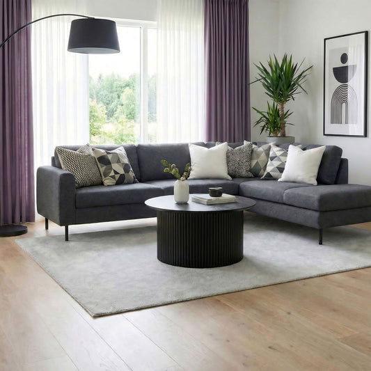 Omaha Corner Sofa With Open End RHF, in Basel Dark Grey 19 Fabric, Base Matt Black Steel