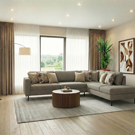 Omaha Corner Sofa With Open End RHF, in Basel Light Grey Brown 34 Fabric, Base Matt Black Steel