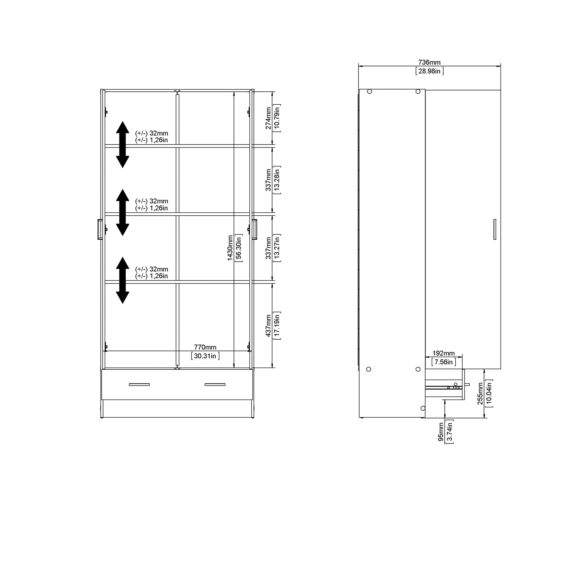 Space Wardrobe with 2 Doors + 1 Drawer in Oak 1750