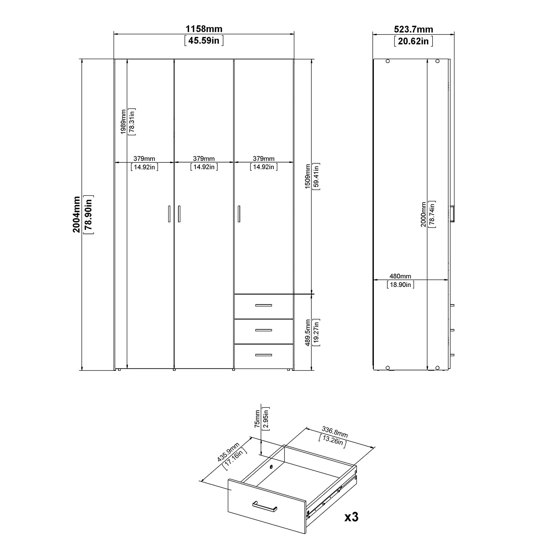 Space Wardrobe 3 Doors 3 Drawers in White 2000