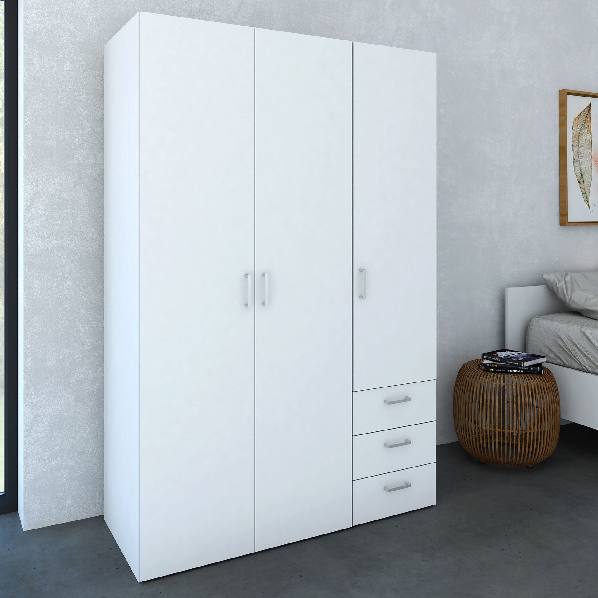 Space Wardrobe 3 Doors 3 Drawers in White 2000