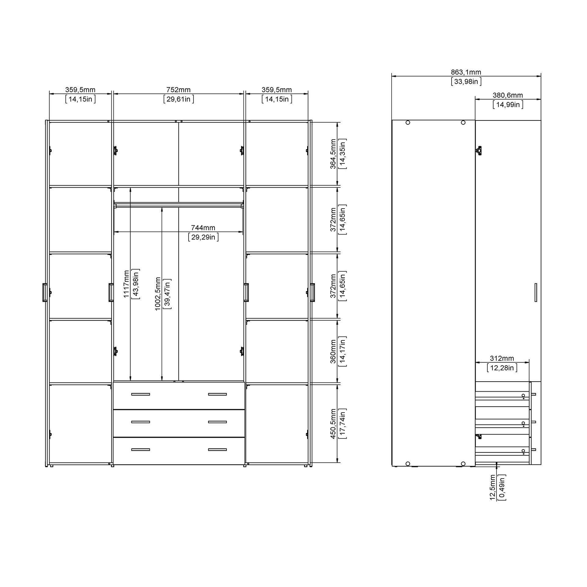 Space Wardrobe 4 Doors 3 Drawers in White 2000