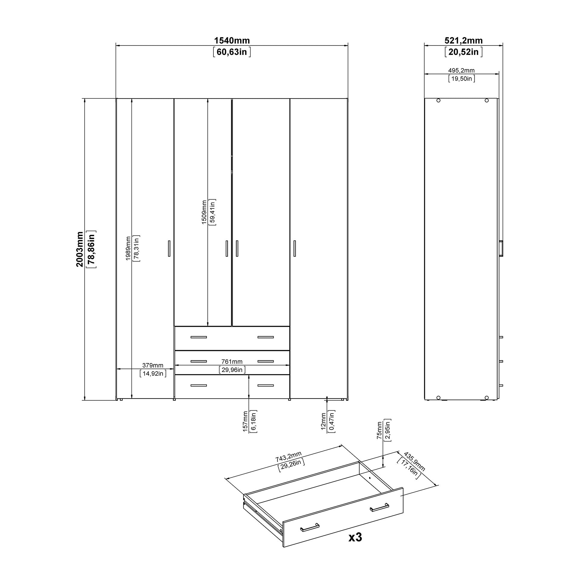 Space Wardrobe 4 Doors 3 Drawers in White 2000