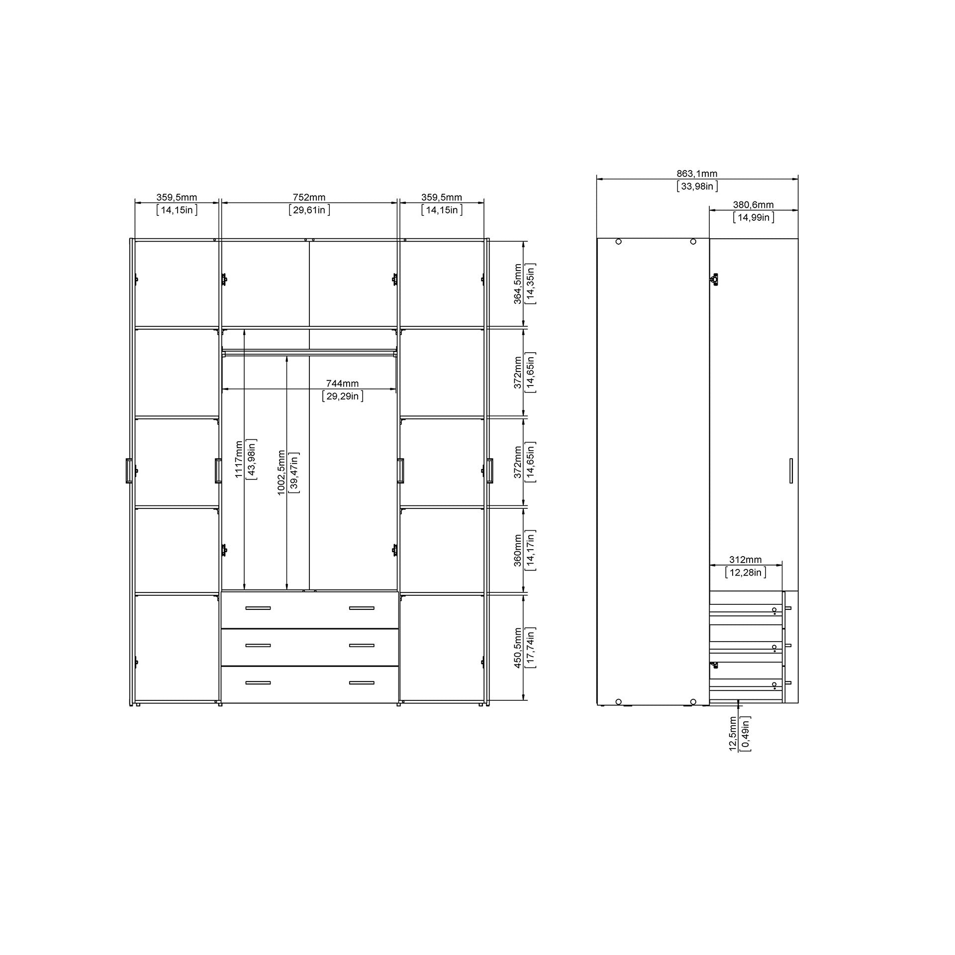 Space Wardrobe 4 Doors 3 Drawers in Oak 2000