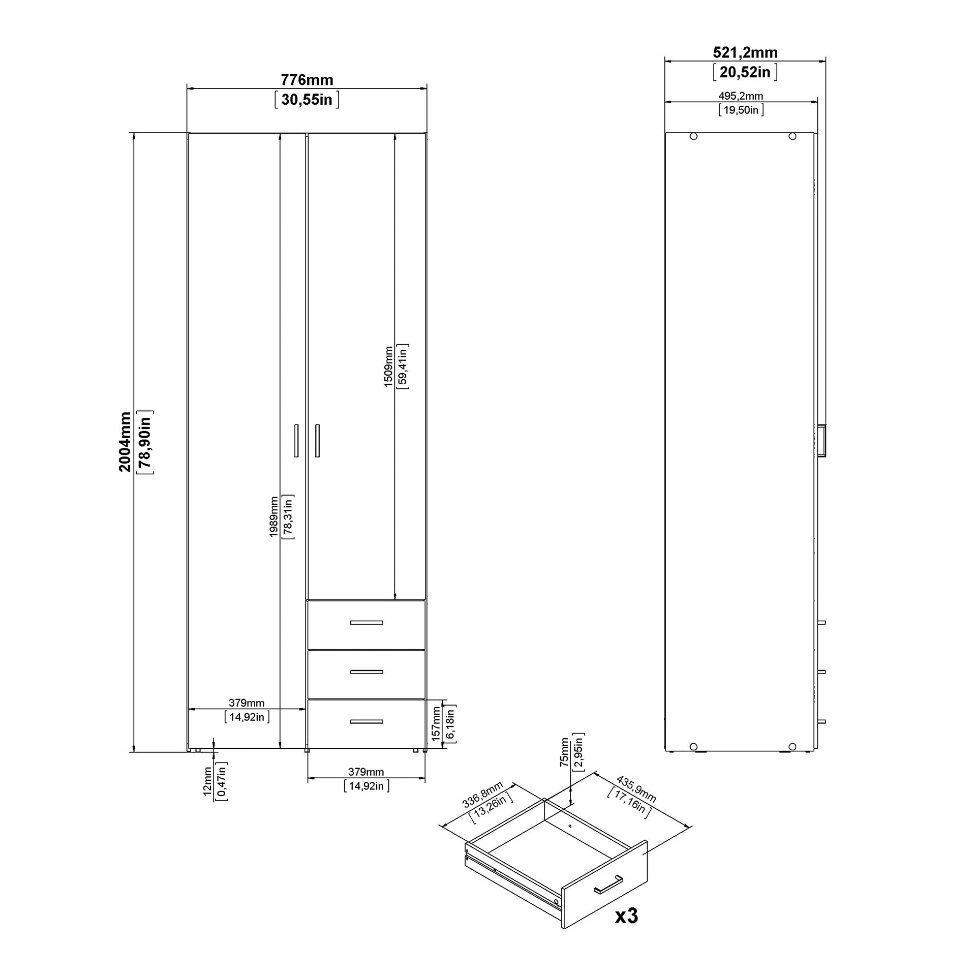 Space Wardrobe 2 Doors 3 Drawers in White 2000