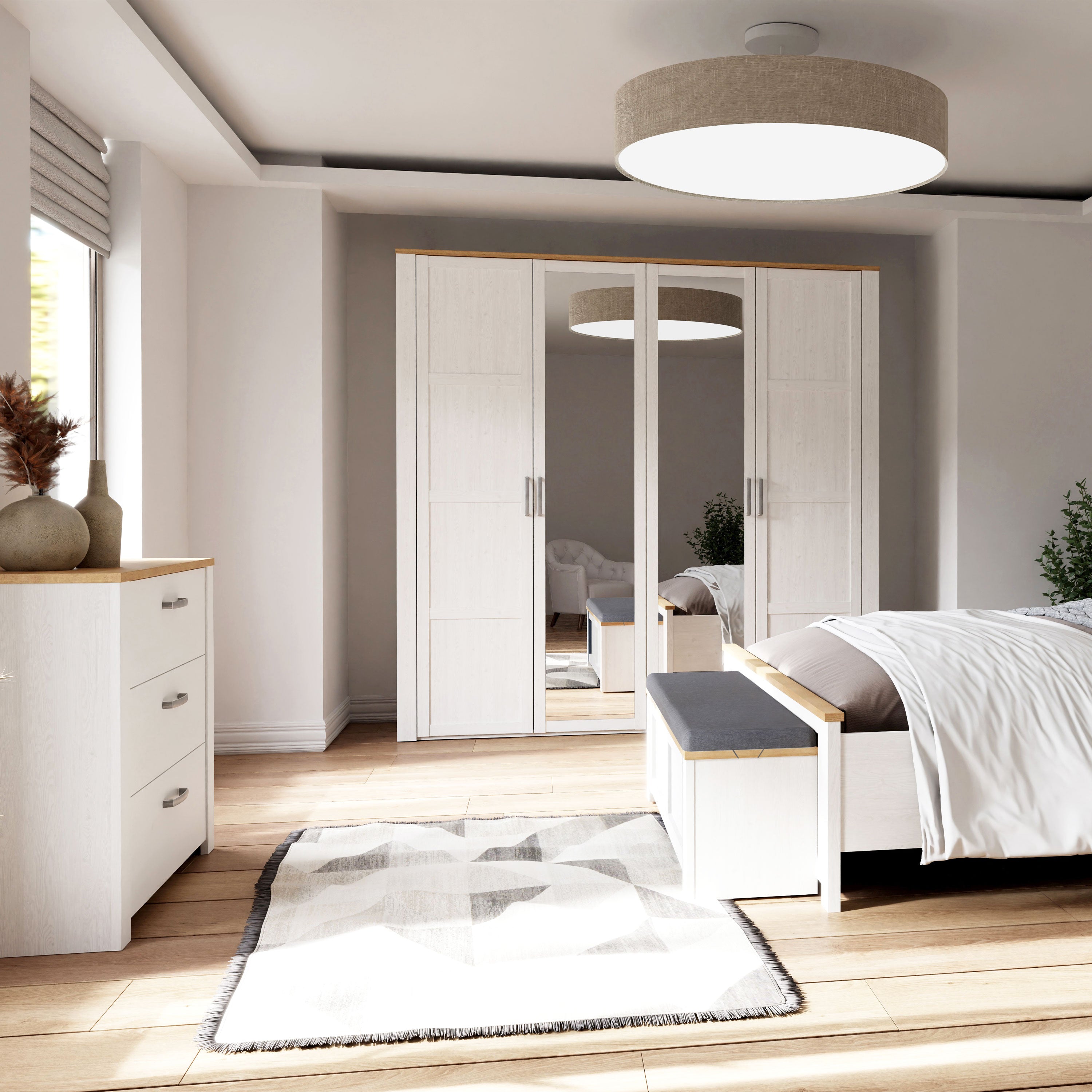 Bohol 2 Door 2 Mirrored Door Wardrobe in White/Riviera Oak