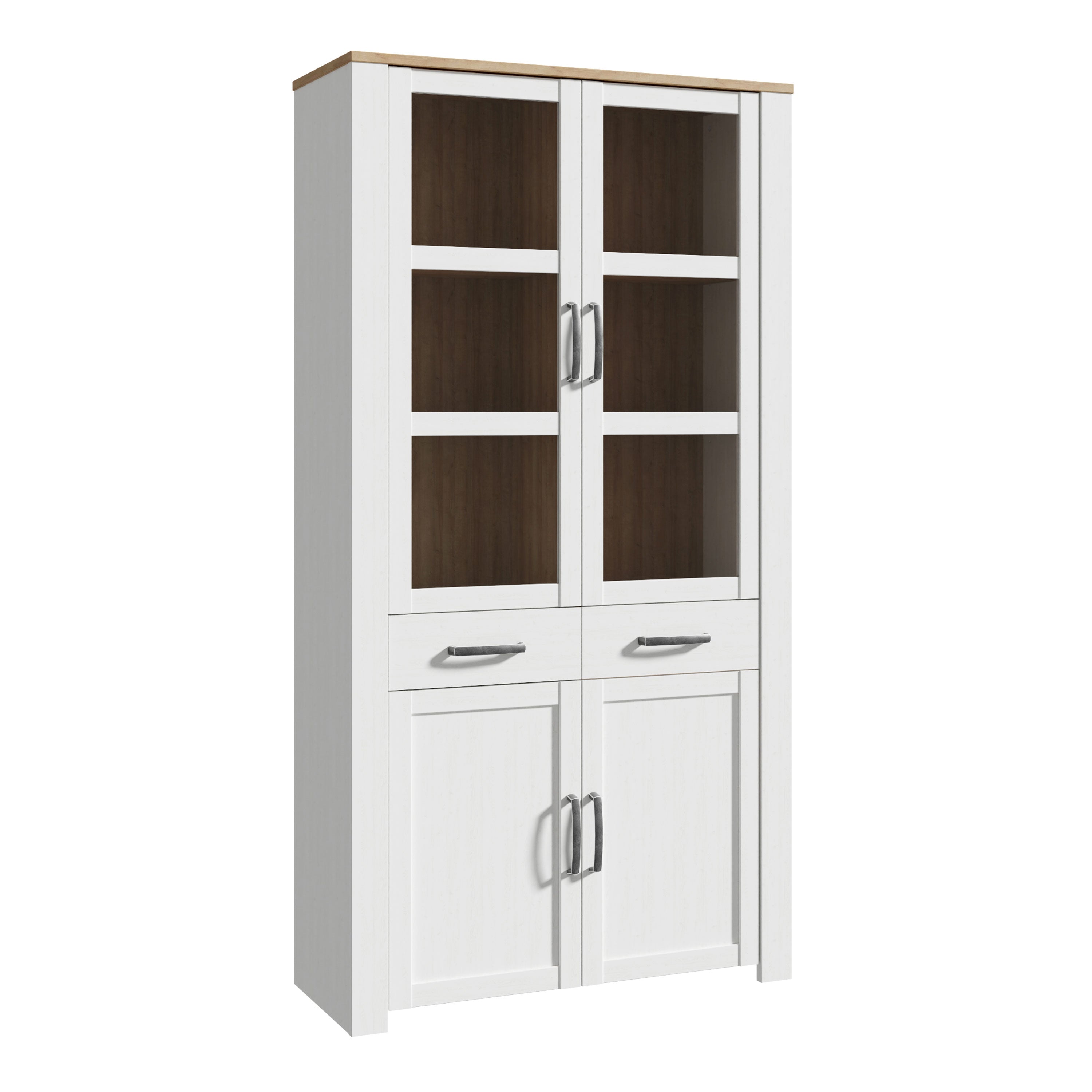 Bohol Display Cabinet 4 Door 1 Drawer in White/Riviera Oak inc LED Lighting