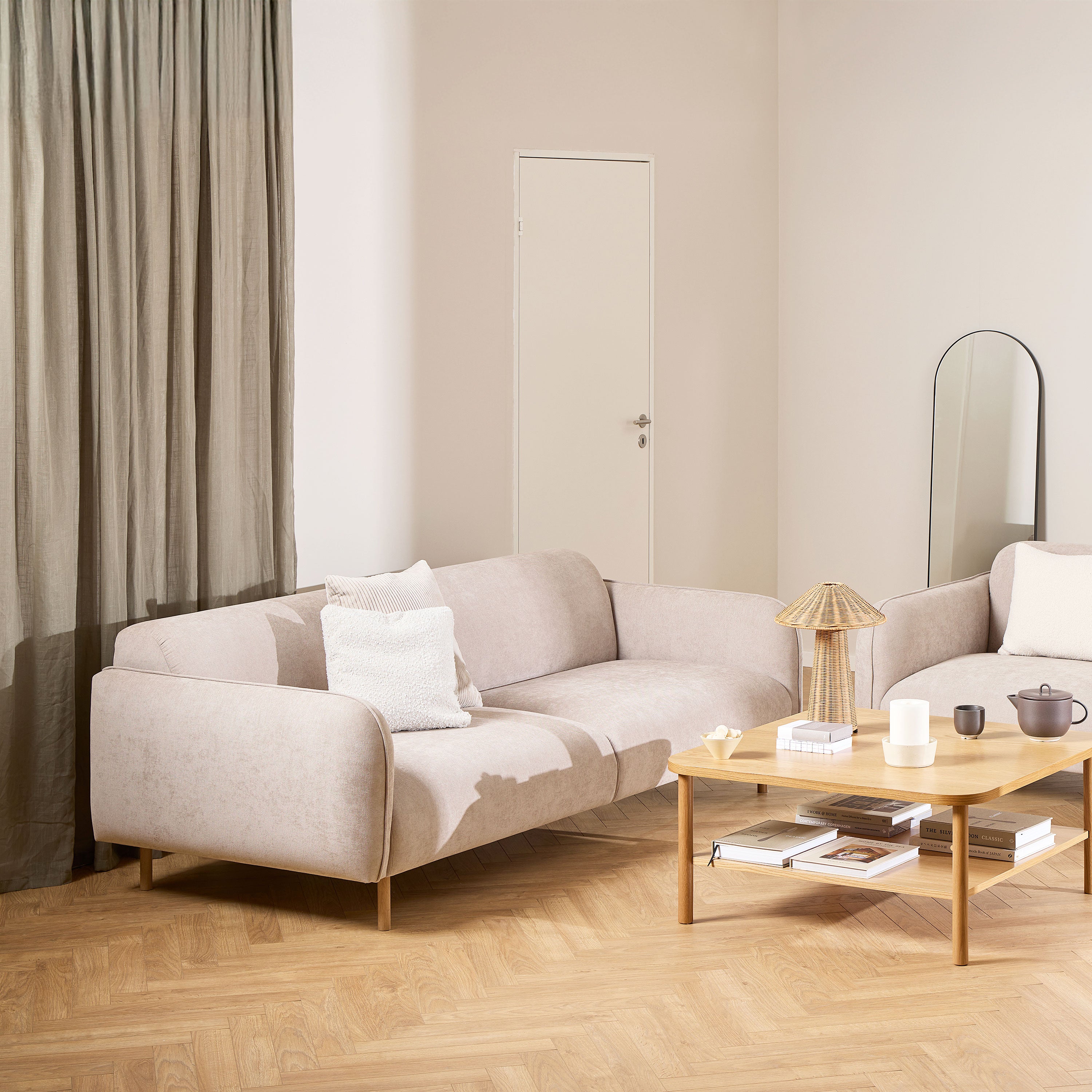 Westham 2 Seater Sofa in Fay Beige 05 Fabric, Base in Matt Oak