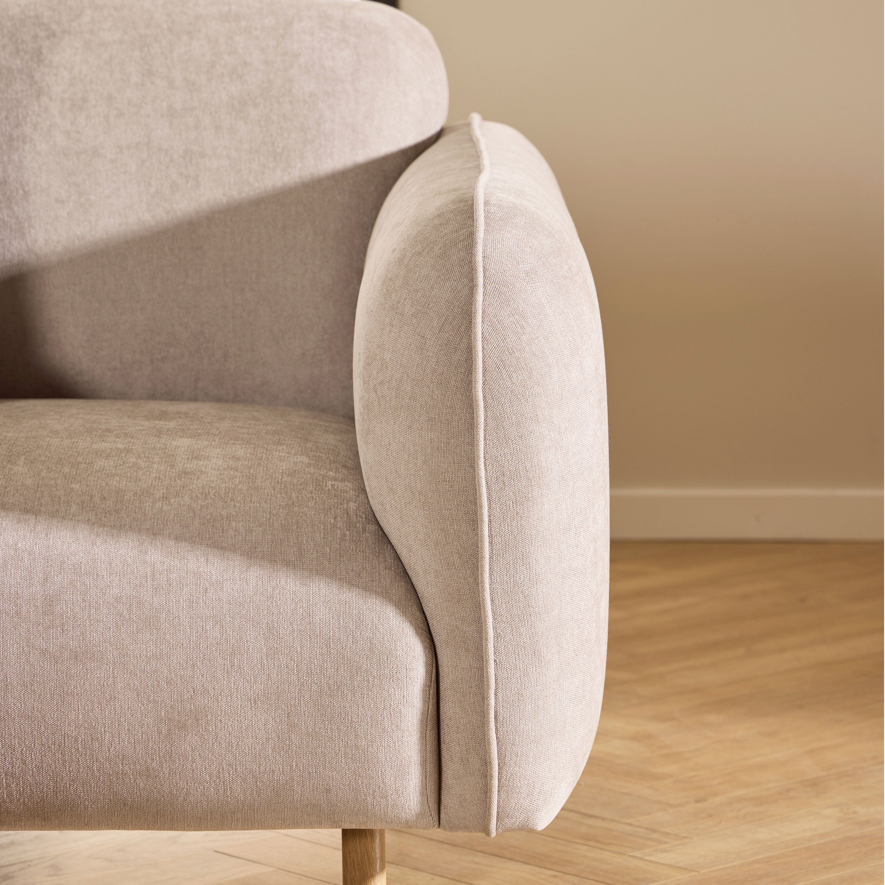 Westham 3 Seater Sofa in Fay Beige 05 Fabric, Base in Matt Oak