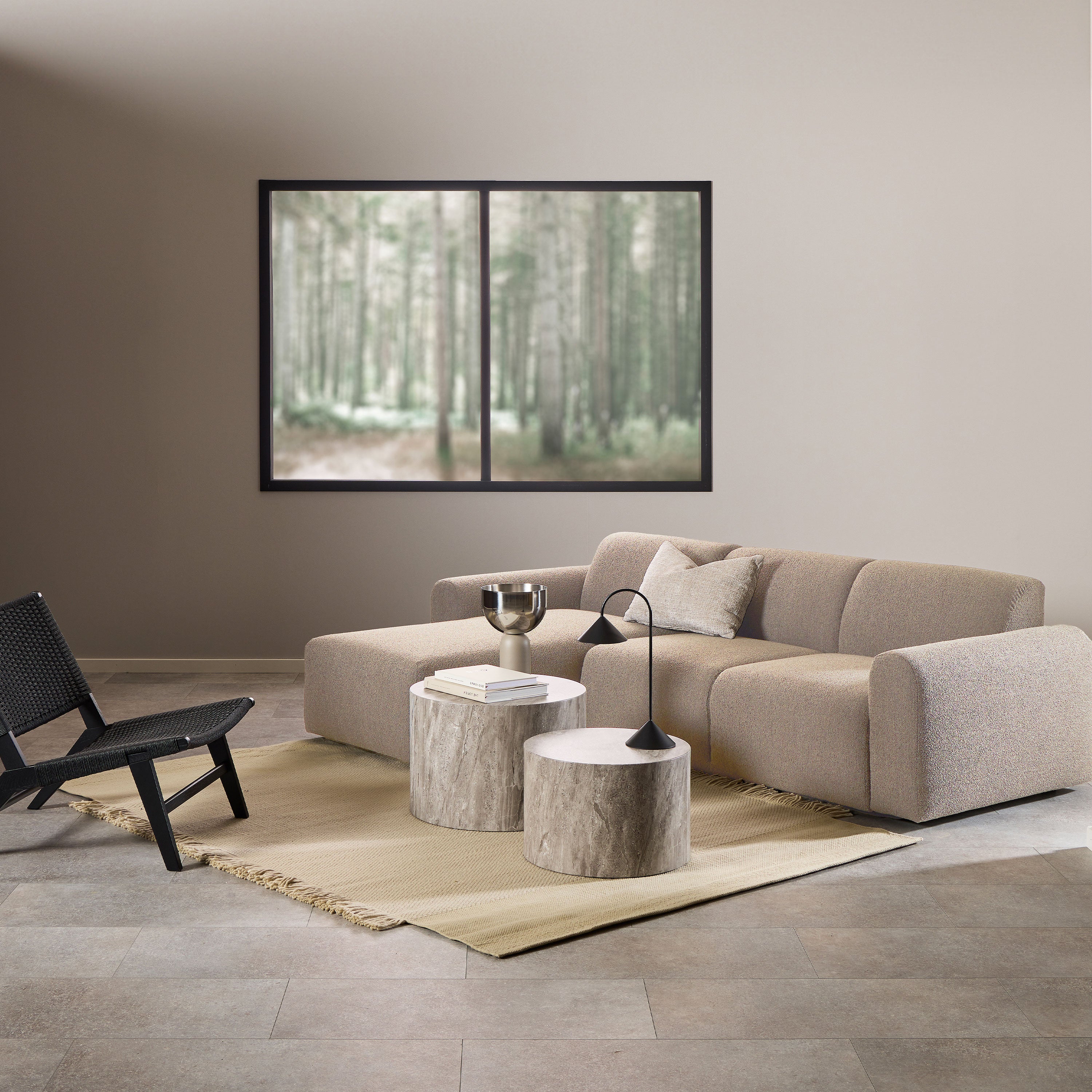 Midfield 2 Seater Chaiselongue Sofa LHF (Reversible Module) in Beige Cona Boucle 1 Fabric, Base in Matt Black