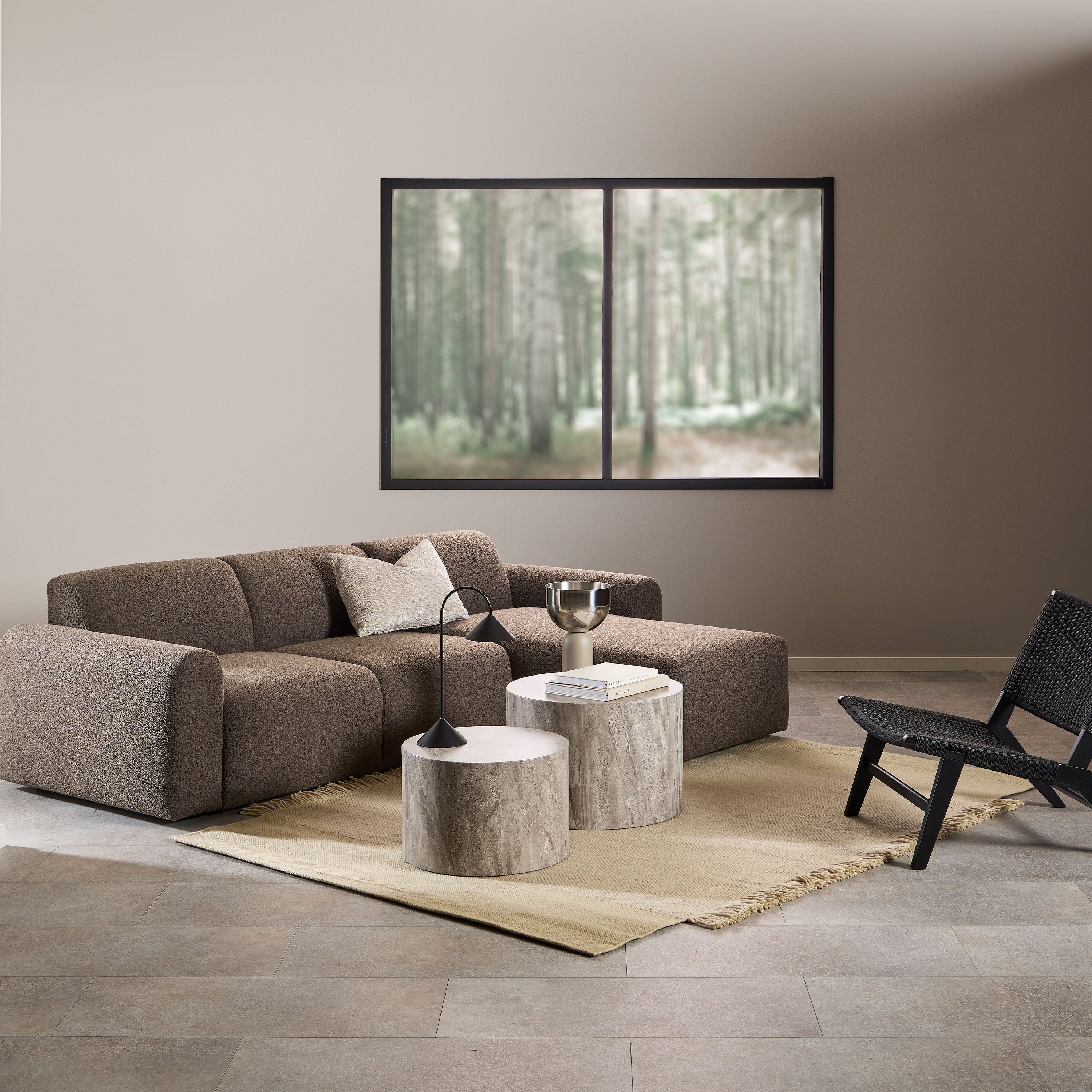 Midfield 2 Seater Chaiselongue Sofa RHF (Reversible Module) in Taupe Cona Boucle 2 Fabric, Base in Matt Black