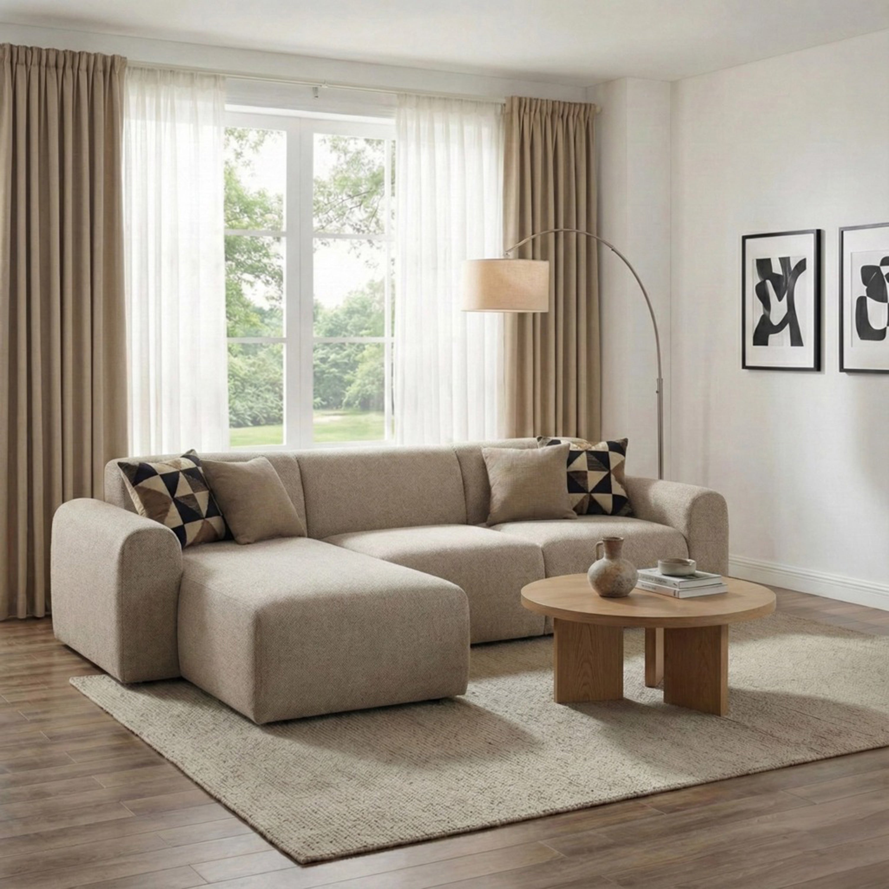 Midfield 2 Seater Chaiselongue Sofa LHF (Reversible Module) in Beige Cona Boucle 1 Fabric, Base in Matt Black