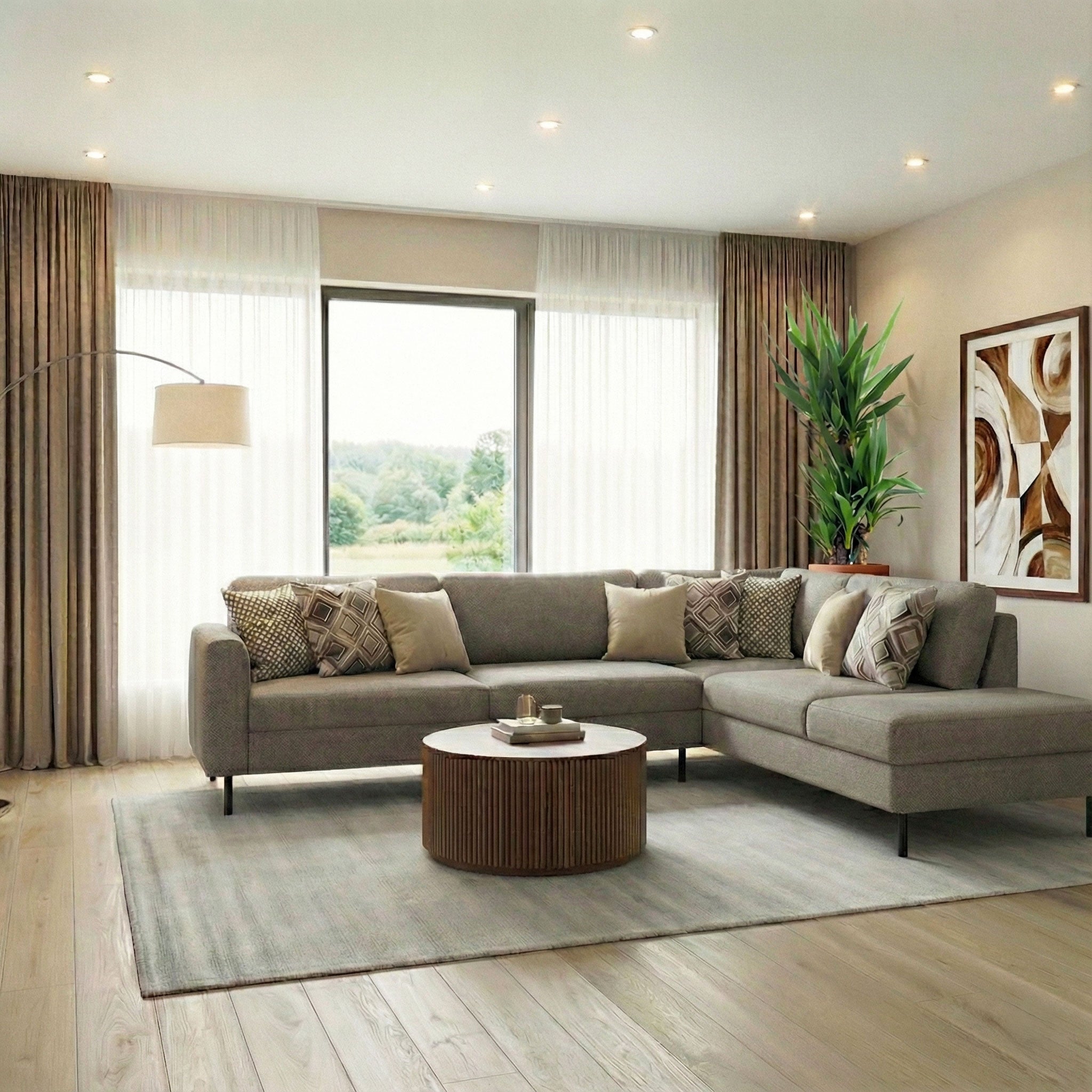 Omaha Corner Sofa With Open End RHF, in Basel Light Grey Brown 34 Fabric, Base Matt Black Steel
